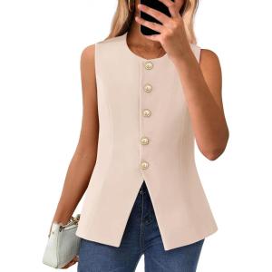 BTFBM Summer Sleeveless Blazer Vest For Women Dressy Button Down Round Neck Business Casual Outfits Work Suit Vests Tops(Beige)