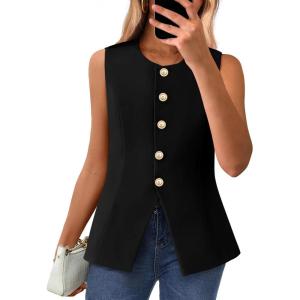 BTFBM Summer Sleeveless Blazer Vest For Women Dressy Button Down Round Neck Business Casual Outfits Work Suit Vests Tops(Black)