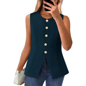 BTFBM Summer Sleeveless Blazer Vest For Women Dressy Button Down Round Neck Business Casual Outfits Work Suit Vests Tops(Dark Blue)