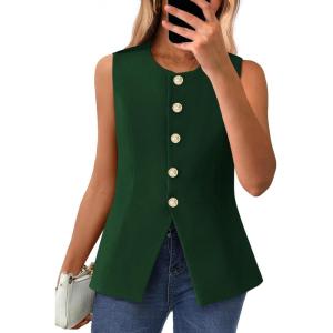 BTFBM Summer Sleeveless Blazer Vest For Women Dressy Button Down Round Neck Business Casual Outfits Work Suit Vests Tops(Dark Green)