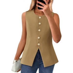 BTFBM Summer Sleeveless Blazer Vest For Women Dressy Button Down Round Neck Business Casual Outfits Work Suit Vests Tops(Khaki)