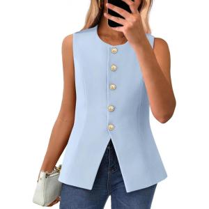 BTFBM Summer Sleeveless Blazer Vest For Women Dressy Button Down Round Neck Business Casual Outfits Work Suit Vests Tops(Light Blue)