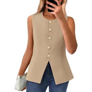 BTFBM Summer Sleeveless Blazer Vest For Women Dressy Button Down Round Neck Business Casual Outfits Work Suit Vests Tops(Light Khaki)