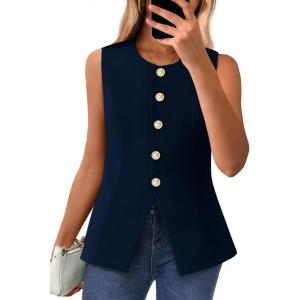 BTFBM Summer Sleeveless Blazer Vest For Women Dressy Button Down Round Neck Business Casual Outfits Work Suit Vests Tops(Navy Blue)