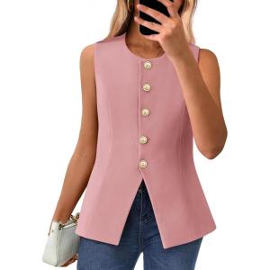 BTFBM Summer Sleeveless Blazer Vest For Women Dressy Button Down Round Neck Business Casual Outfits Work Suit Vests Tops(Pink)