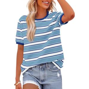 BTFBM Summer Tops for Women 2026 Crewneck Short Sleeve Striped T Shirts Casual Spring Clothes Color Block Basic Tee Blouses(Blue White)
