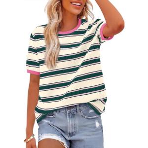 BTFBM Summer Tops for Women 2026 Crewneck Short Sleeve Striped T Shirts Casual Spring Clothes Color Block Basic Tee Blouses(Dark Green Pink)