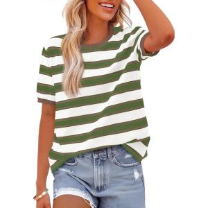 BTFBM Summer Tops for Women 2026 Crewneck Short Sleeve Striped T Shirts Casual Spring Clothes Color Block Basic Tee Blouses(Light Green White)