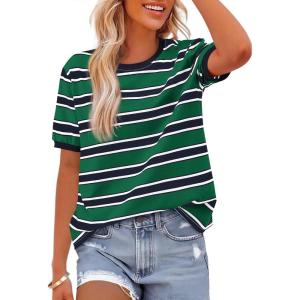 BTFBM Summer Tops for Women 2026 Crewneck Short Sleeve Striped T Shirts Casual Spring Clothes Color Block Basic Tee Blouses(Navy Green)