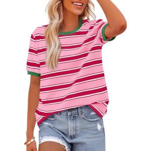 BTFBM Summer Tops for Women 2026 Crewneck Short Sleeve Striped T Shirts Casual Spring Clothes Color Block Basic Tee Blouses(Pink Rose Red)