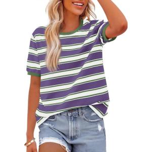 BTFBM Summer Tops for Women 2026 Crewneck Short Sleeve Striped T Shirts Casual Spring Clothes Color Block Basic Tee Blouses(Purple White)