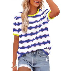 BTFBM Summer Tops for Women 2026 Crewneck Short Sleeve Striped T Shirts Casual Spring Clothes Color Block Basic Tee Blouses(White Dark Blue)