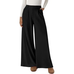 BTFBM Wide Leg Pants for Women Dressy Work Business Casual Elastic High Waisted Trousers Ribbed Lounge Palazzo Pants(Black)