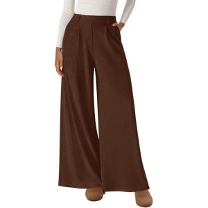 BTFBM Wide Leg Pants for Women Dressy Work Business Casual Elastic High Waisted Trousers Ribbed Lounge Palazzo Pants(Brown)