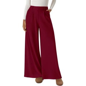 BTFBM Wide Leg Pants for Women Dressy Work Business Casual Elastic High Waisted Trousers Ribbed Lounge Palazzo Pants(Burgundy)