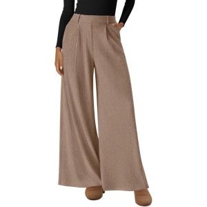 BTFBM Wide Leg Pants for Women Dressy Work Business Casual Elastic High Waisted Trousers Ribbed Lounge Palazzo Pants(Khaki)