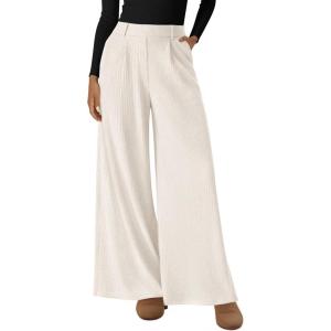 BTFBM Wide Leg Pants for Women Dressy Work Business Casual Elastic High Waisted Trousers Ribbed Lounge Palazzo Pants(White)