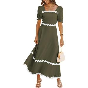 BTFBM Women 2025 Summer Square Neck Short Puff Sleeve Dress Casual RIic Rac Tie Back Smocked Wedding Guest Maxi Dresses(Solid Army Green)