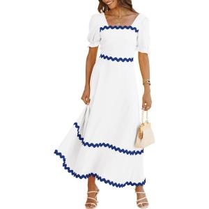 BTFBM Women 2025 Summer Square Neck Short Puff Sleeve Dress Casual RIic Rac Tie Back Smocked Wedding Guest Maxi Dresses(Solid White Blue)