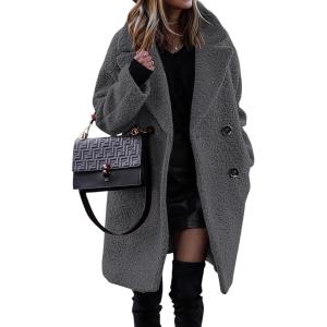 BTFBM Women 2025 Winter Faux Fur Coats Lapel Long Sleeve Fuzzy Fleece Outerwear Button Down Sherpa Jackets Fall Outfits(Dark Grey)