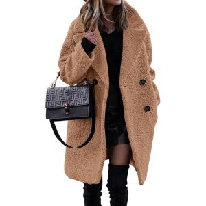 BTFBM Women 2025 Winter Faux Fur Coats Lapel Long Sleeve Fuzzy Fleece Outerwear Button Down Sherpa Jackets Fall Outfits(Light Camel)