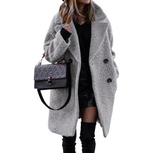 BTFBM Women 2025 Winter Faux Fur Coats Lapel Long Sleeve Fuzzy Fleece Outerwear Button Down Sherpa Jackets Fall Outfits(Light Grey)