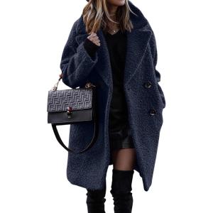 BTFBM Women 2025 Winter Faux Fur Coats Lapel Long Sleeve Fuzzy Fleece Outerwear Button Down Sherpa Jackets Fall Outfits(Navy)