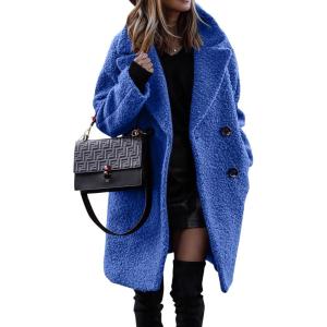 BTFBM Women 2025 Winter Faux Fur Coats Lapel Long Sleeve Fuzzy Fleece Outerwear Button Down Sherpa Jackets Fall Outfits(Royal Blue)