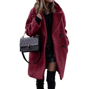 BTFBM Women 2025 Winter Faux Fur Coats Lapel Long Sleeve Fuzzy Fleece Outerwear Button Down Sherpa Jackets Fall Outfits(Wine Red)