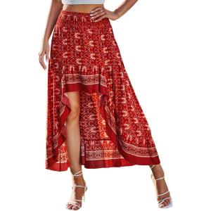 BTFBM Women 2026 Spring Summer Long Skirts Dress Boho Floral Elastic Waist Split Ruffle High Low Beach Maxi Skirt Clothes(X – Floral Red)