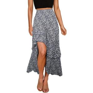 BTFBM Women 2026 Spring Summer Long Skirts Dress Boho Floral Elastic Waist Split Ruffle High Low Beach Maxi Skirt Clothes(Z-navy)