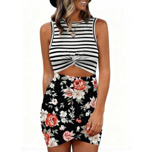 BTFBM Women 2026 Summer Dresses Sleeveless Casual Crewneck Bodycon Cutout Twist Slim Wrap Club Party Beach Mini Dress(Stripe and Floral Black)