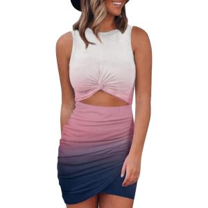BTFBM Women 2026 Summer Dresses Sleeveless Casual Crewneck Bodycon Cutout Twist Slim Wrap Club Party Beach Mini Dress(Tie Dye Pink White)