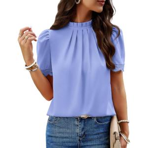 BTFBM Women Blouses 2026 Dressy Casual Summer Tops Mock Neck Lace Trim Short Sleeve Business Work Shirts Spring Clothes(Blue)
