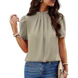 BTFBM Women Blouses 2026 Dressy Casual Summer Tops Mock Neck Lace Trim Short Sleeve Business Work Shirts Spring Clothes(Light Green)