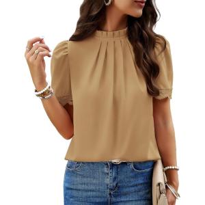 BTFBM Women Blouses 2026 Dressy Casual Summer Tops Mock Neck Lace Trim Short Sleeve Business Work Shirts Spring Clothes(Light Khaki)