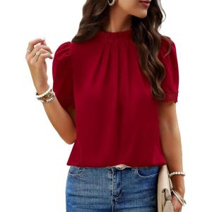 BTFBM Women Blouses 2026 Dressy Casual Summer Tops Mock Neck Lace Trim Short Sleeve Business Work Shirts Spring Clothes(Red)