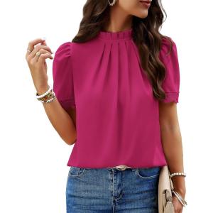 BTFBM Women Blouses 2026 Dressy Casual Summer Tops Mock Neck Lace Trim Short Sleeve Business Work Shirts Spring Clothes(Rose Red)