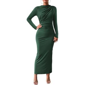 BTFBM Women Bodycon Maxi Dress Long Sleeve Back Slit Ruched Elegant Party Cocktail Formal Fall Wedding Guest Dresses(Army Green)