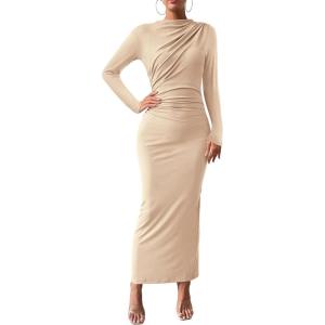 BTFBM Women Bodycon Maxi Dress Long Sleeve Back Slit Ruched Elegant Party Cocktail Formal Fall Wedding Guest Dresses(Beige)