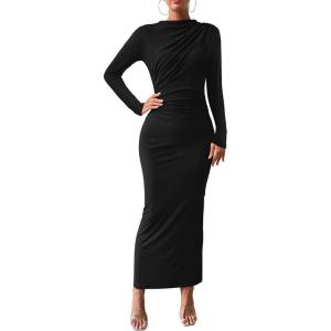 BTFBM Women Bodycon Maxi Dress Long Sleeve Back Slit Ruched Elegant Party Cocktail Formal Fall Wedding Guest Dresses(Black)