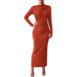 BTFBM Women Bodycon Maxi Dress Long Sleeve Back Slit Ruched Elegant Party Cocktail Formal Fall Wedding Guest Dresses(Brick Red)