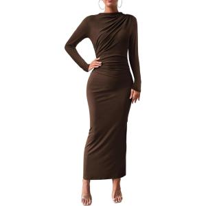 BTFBM Women Bodycon Maxi Dress Long Sleeve Back Slit Ruched Elegant Party Cocktail Formal Fall Wedding Guest Dresses(Brown)