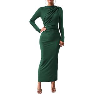 BTFBM Women Bodycon Maxi Dress Long Sleeve Back Slit Ruched Elegant Party Cocktail Formal Fall Wedding Guest Dresses(Dark Green)