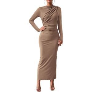 BTFBM Women Bodycon Maxi Dress Long Sleeve Back Slit Ruched Elegant Party Cocktail Formal Fall Wedding Guest Dresses(Khaki)