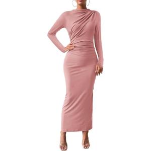 BTFBM Women Bodycon Maxi Dress Long Sleeve Back Slit Ruched Elegant Party Cocktail Formal Fall Wedding Guest Dresses(Pink)
