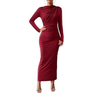 BTFBM Women Bodycon Maxi Dress Long Sleeve Back Slit Ruched Elegant Party Cocktail Formal Fall Wedding Guest Dresses(Wine Red)