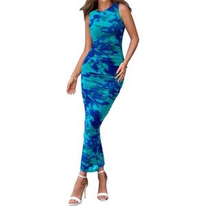 BTFBM Women Bodycon Maxi Dresses 2025 Summer Sleeveless Floral Ruched Slit Mesh Party Cocktail Wedding Guest Tank Dress(Floral Lake Blue)