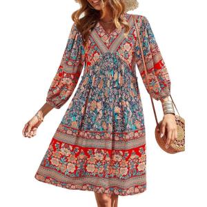 BTFBM Women Casual Spring Summer Dresses V Neck 3/4 Long Sleeve Ruffle Floral Flowy Boho Babydoll Mini Short Beach Dress(Floral Blue)