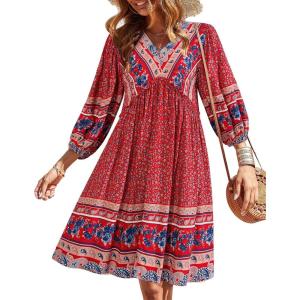 BTFBM Women Casual Spring Summer Dresses V Neck 3/4 Long Sleeve Ruffle Floral Flowy Boho Babydoll Mini Short Beach Dress(Floral Blue Red)